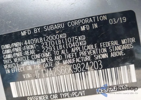 2019 Subaru Wrx Sti z USA, uszkodzony, nr VIN JF1VA2S66K9824203